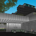 Modern Commercial Complex With Glass Curtain Walls Multi Storey Entrance Canopy Greenery and Landscape Lighting