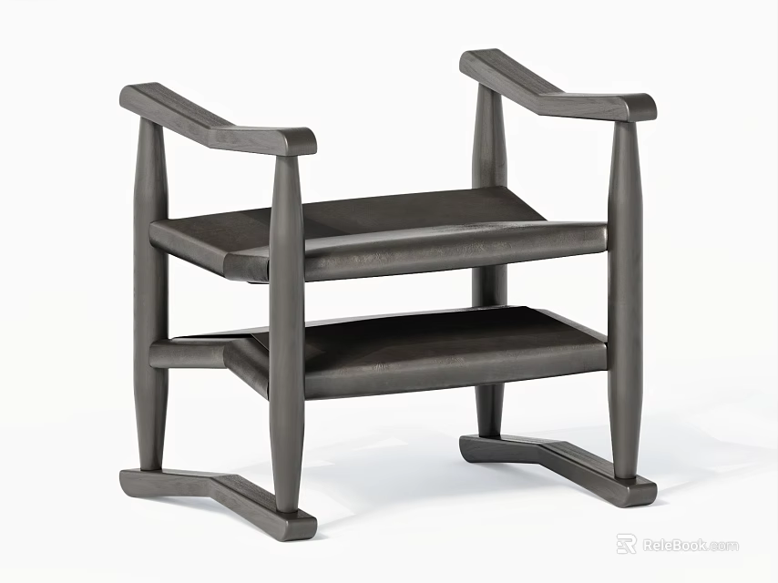 Modern Wooden Stool With Armrests And Two Tier Shelves Design 3d model 