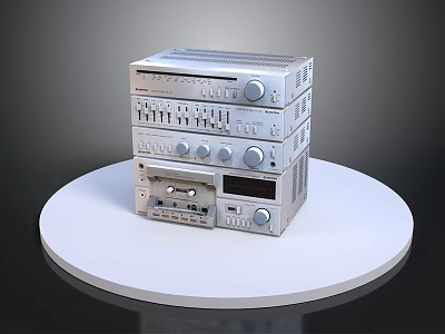 Stacked Electronic Audio Equipment With Knobs Buttons On White Round Platform 3d model