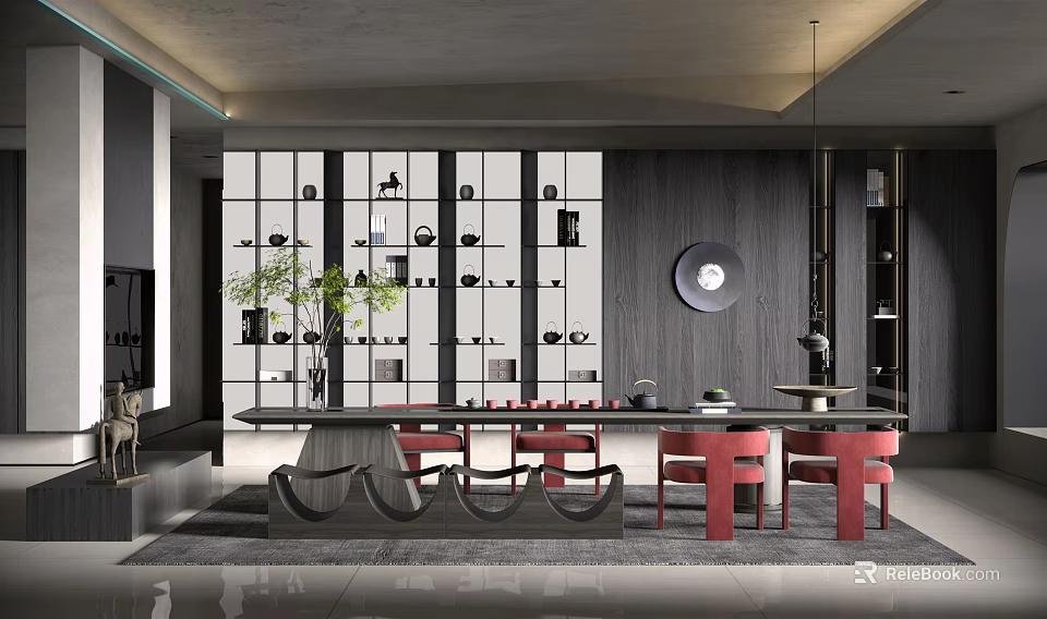 Modern Tea Room Interior With Long Table Red Chairs Display Shelves And Tea Sets 3d model 