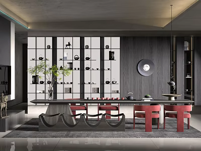 Modern Tea Room Interior With Long Table Red Chairs Display Shelves And Tea Sets 3d model