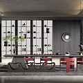Modern Tea Room Interior With Long Table Red Chairs Display Shelves And Tea Sets
