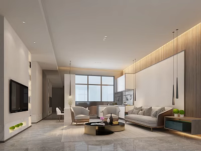 Modern Living Room Interior Design With Large Window Sofa Coffee Table And Hanging Lamps 3d model