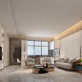 Modern Living Room Interior Design With Large Window Sofa Coffee Table And Hanging Lamps