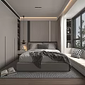 Elegant Modern Bedroom Interior With Upholstered Bed Plush Pillows And Area Rug
