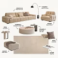 Beige Suede Sofa Set With Single Sofa Round Coffee Table Side Table And Decorative Pillows