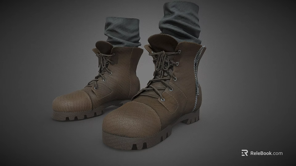 Brown Work Boots With Lace Up Side Zipper And Rolled Pants 3d model 