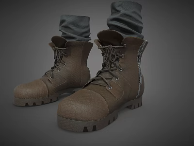 Brown Work Boots With Lace Up Side Zipper And Rolled Pants 3d model