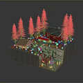 Scenic Autumn Landscape With Red Cabin Tall Pine Trees Stone Wall And Leafy Pathway