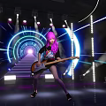 Pink Haired Performer Playing Electric Guitar On Stage With Neon Lights And Smoke Effects