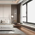 Elegant Modern Bedroom Interior With Minimalist Bed Wardrobe Window Rug And Ceiling Lights