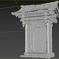 Ancient Architecture Wooden Door With Traditional Carved Roof Red Decorations And Stone Base