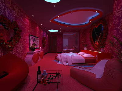 Red Themed Hotel Guest Room With Heart Decor Bed Sofa Ceiling Lighting And Patterned Walls 3d model