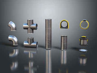 Stainless Steel Pipe Fittings Collection Featuring Elbow Tee Straight Tube And Seal Rings 3d model