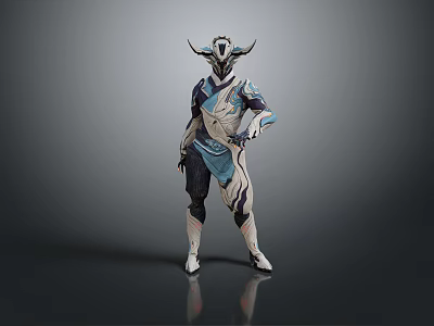 Game And Movie Character With Horned Helmet Blue White Armor And Geometric Patterns 3d model