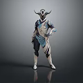 Game And Movie Character With Horned Helmet Blue White Armor And Geometric Patterns