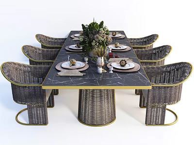 Wicker Dining Table Set With Marble Top Dinnerware And Flower Arrangement 3d model