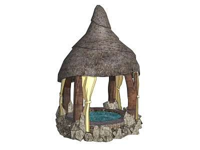 Outdoor Thatch Roof Pavilion With Wooden Pillars Stone Base And Pool 3d model