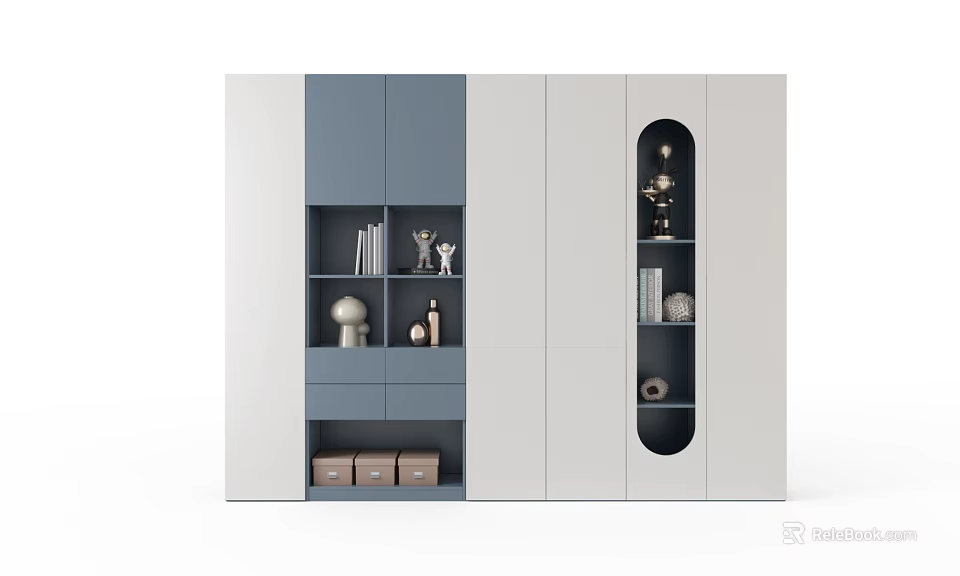 Modern Style Decorative Cabinet With Gray And White Design Shelves And Drawers 3d model 