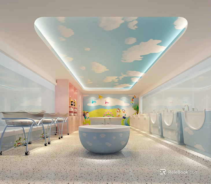 Baby Care Room with Blue Cloud Patterned Ceiling Large Bathtub Baby Cribs and Cartoon Decorations 3d model 