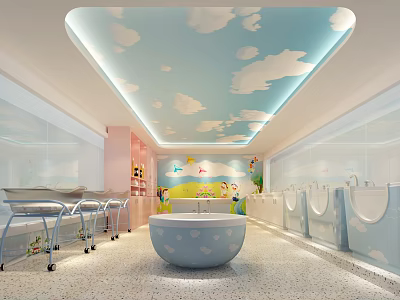 Baby Care Room with Blue Cloud Patterned Ceiling Large Bathtub Baby Cribs and Cartoon Decorations 3d model