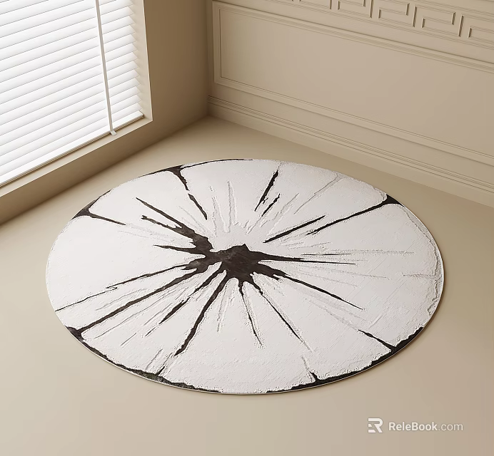 Round Area Rug With Black White Radial Pattern In Room 3d model