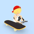 Blonde Haired Girl In Red Cap Sitting With Skateboard And Drink On Light Blue Background