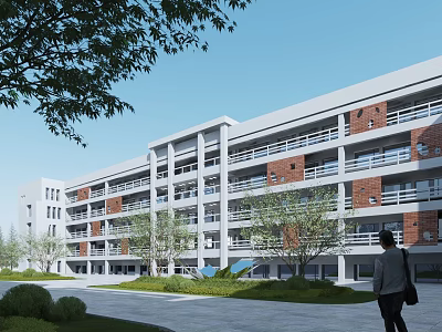 Modern Multi Story Residential Building With Red Brick White Walls Balconies And Greenery 3d model