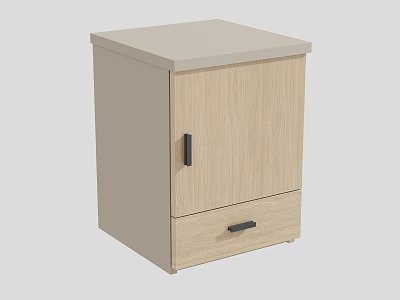 Modern Light Wood Nightstand with Single Door Drawer and Black Handles Simple Design 3d model
