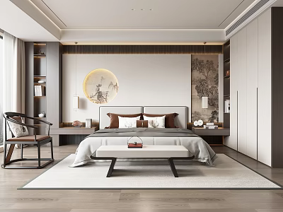 Traditional Chinese Bedroom Interior With Wooden Bed Circular Decor And Wardrobe 3d model