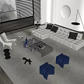 Modern Beige L Shape Sofa and Glass Coffee Table Set with Dark Cushions Blue Stools