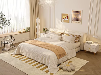 Cozy Double Bed With White Bedding Brown Blanket Bedside Table Floor Lamp And Striped Rug 3d model