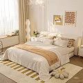 Cozy Double Bed With White Bedding Brown Blanket Bedside Table Floor Lamp And Striped Rug