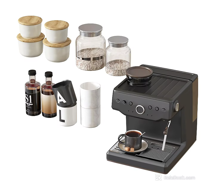 Coffee Station Setup With Espresso Machine Glass Storage Jars And Condiment Bottles 3d model 