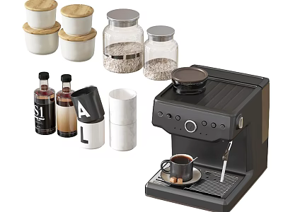 Coffee Station Setup With Espresso Machine Glass Storage Jars And Condiment Bottles 3d model