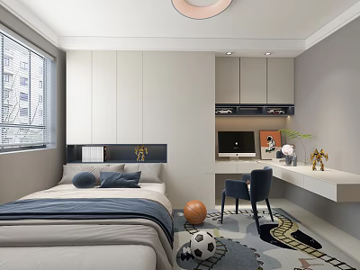 Modern Tatami Bedroom With Bed Desk Computer Chair And Storage Cabinets 3d model