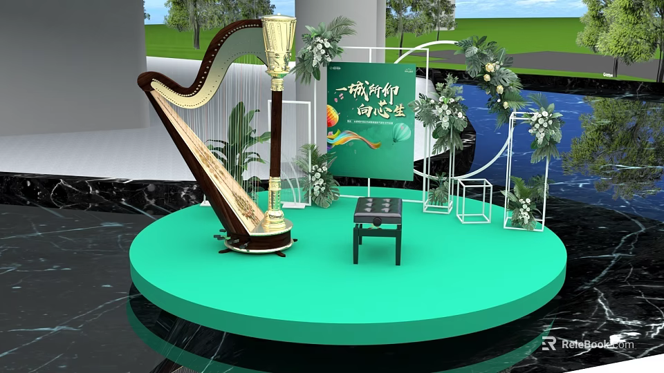 Green Round Stage Setup With Harp Small Stool And Decorative Green Plants 3d model 