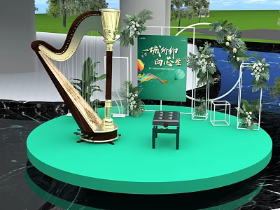 Green Round Stage Setup With Harp Small Stool And Decorative Green Plants 3d model