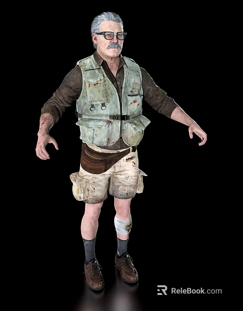 Rugged Man in Stained Light Green Vest Dark Long Sleeve Shirt Khaki Shorts Knee Bandage 3d model 