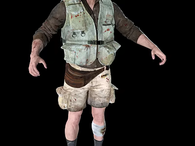 Rugged Man in Stained Light Green Vest Dark Long Sleeve Shirt Khaki Shorts Knee Bandage 3d model