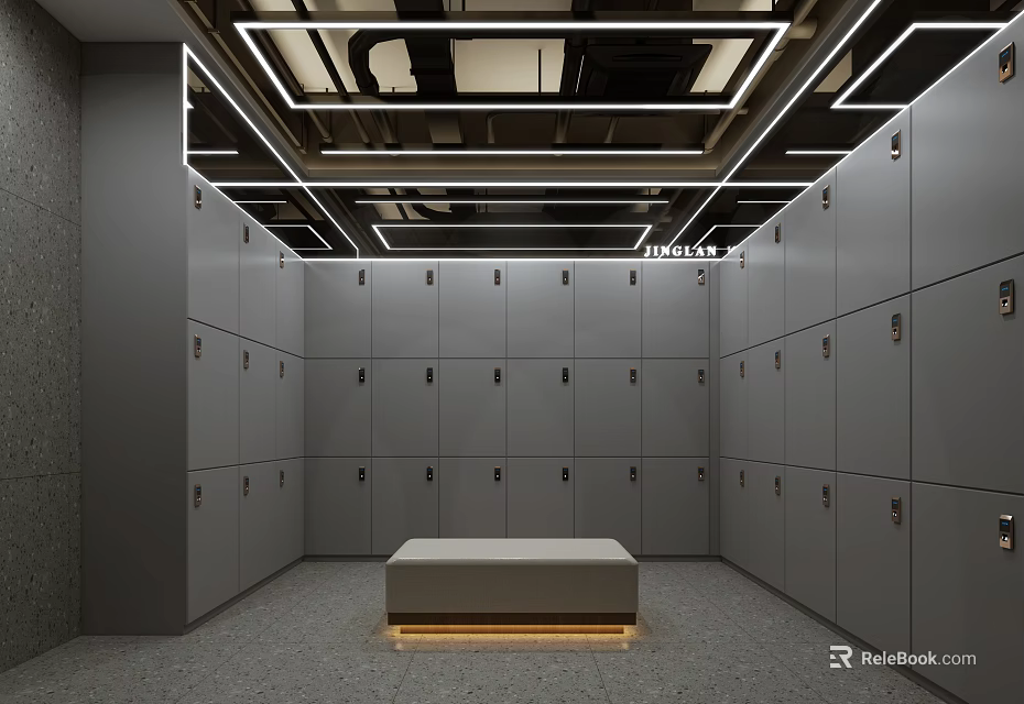 Modern Gray Locker Room Interior With Central Bench And Geometric Ceiling Design 3d model 