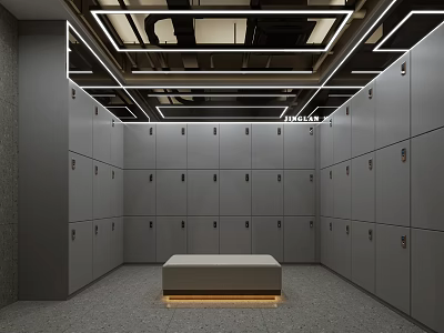 Modern Gray Locker Room Interior With Central Bench And Geometric Ceiling Design 3d model