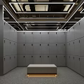 Modern Gray Locker Room Interior With Central Bench And Geometric Ceiling Design 3d model