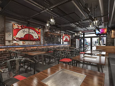 Industrial Hot Pot Restaurant Interior With Brick Walls Hanging Lights Red Seats And Decorative Paintings 3d model