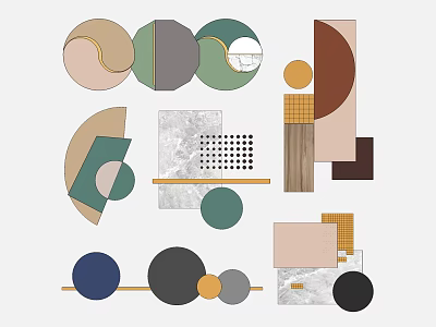 Modern Geometric Wall Decor With Marble Texture Wooden Elements And Colorful Shapes 3d model