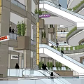 Modern Commercial Street With High Rise Buildings Lush Green Spaces And Water Features