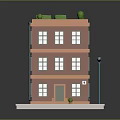 Cartoon Style Three Story Orange Building With Windows Roof Plants And Blue Street Lamp