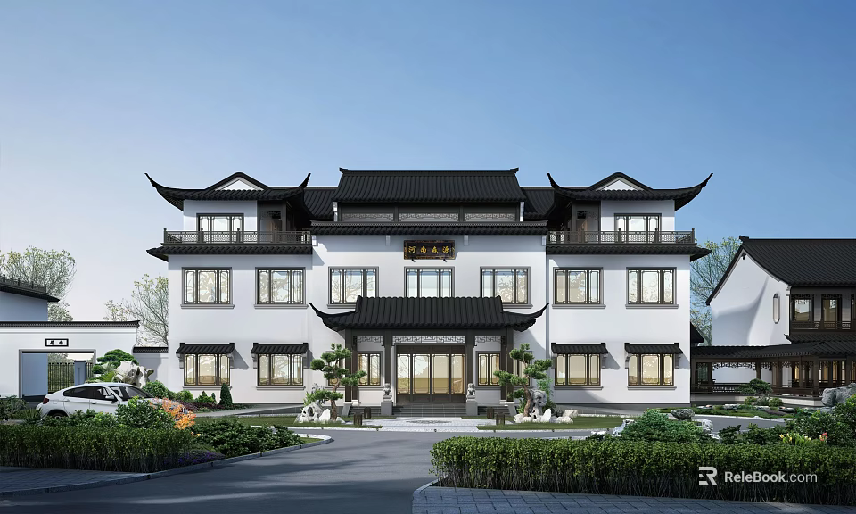 Traditional Ancient Chinese Architecture With White Walls Black Tiled Roofs Overhanging Eaves Courtyard Green Plants 3d model 