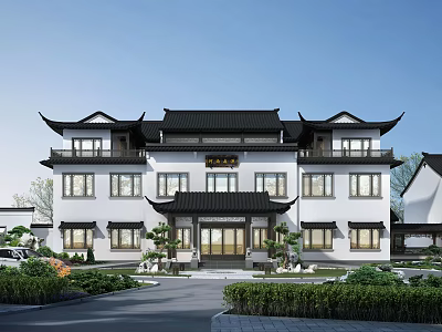 Traditional Ancient Chinese Architecture With White Walls Black Tiled Roofs Overhanging Eaves Courtyard Green Plants 3d model