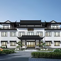 Traditional Ancient Chinese Architecture With White Walls Black Tiled Roofs Overhanging Eaves Courtyard Green Plants